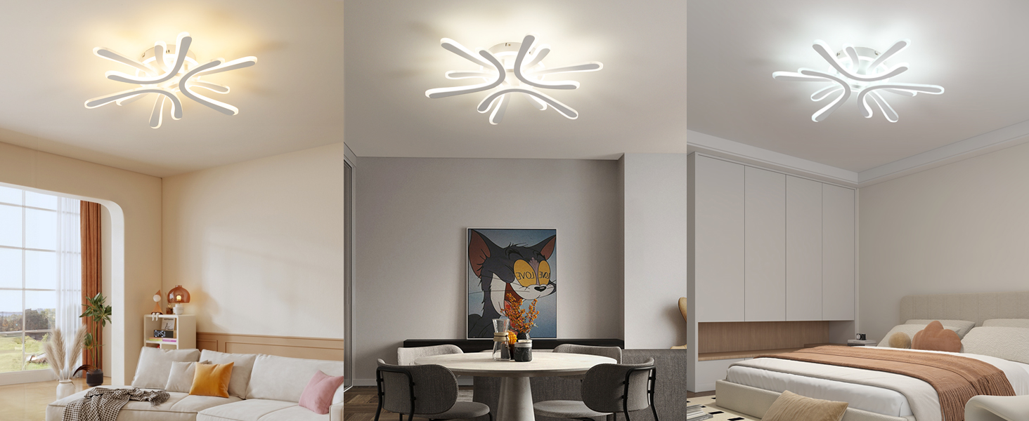 Drei nebeneinander liegende Bilder zeigen moderne LED-Deckenleuchten in Schneeflockenform, die in verschiedenen Raumeinstellungen montiert sind — Schlafzimmer, Essbereich und Schlafzimmer. Jede Leuchte verfügt über mehrere beleuchtete Arme in einem geometrischen Muster.
