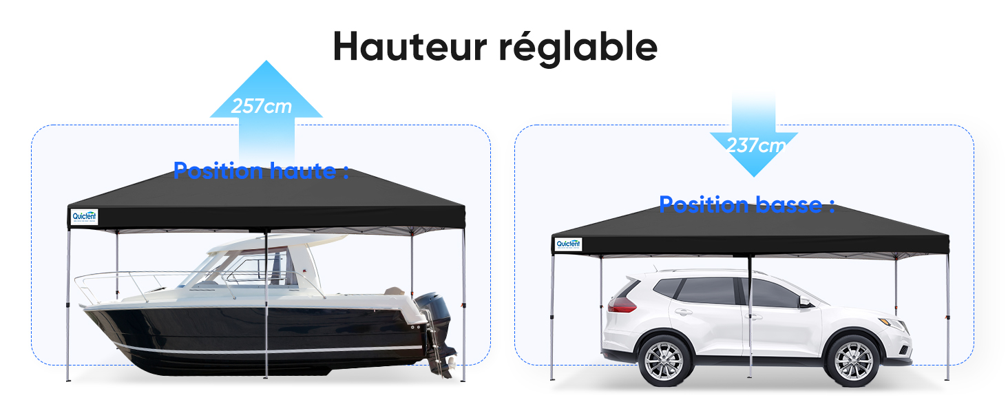 Le texte indique « Hauteur réglable ». Schéma montrant un auvent ou une structure de tente à hauteur réglable au-dessus d'un véhicule en stationnement, avec des flèches bleues indiquant le mouvement.