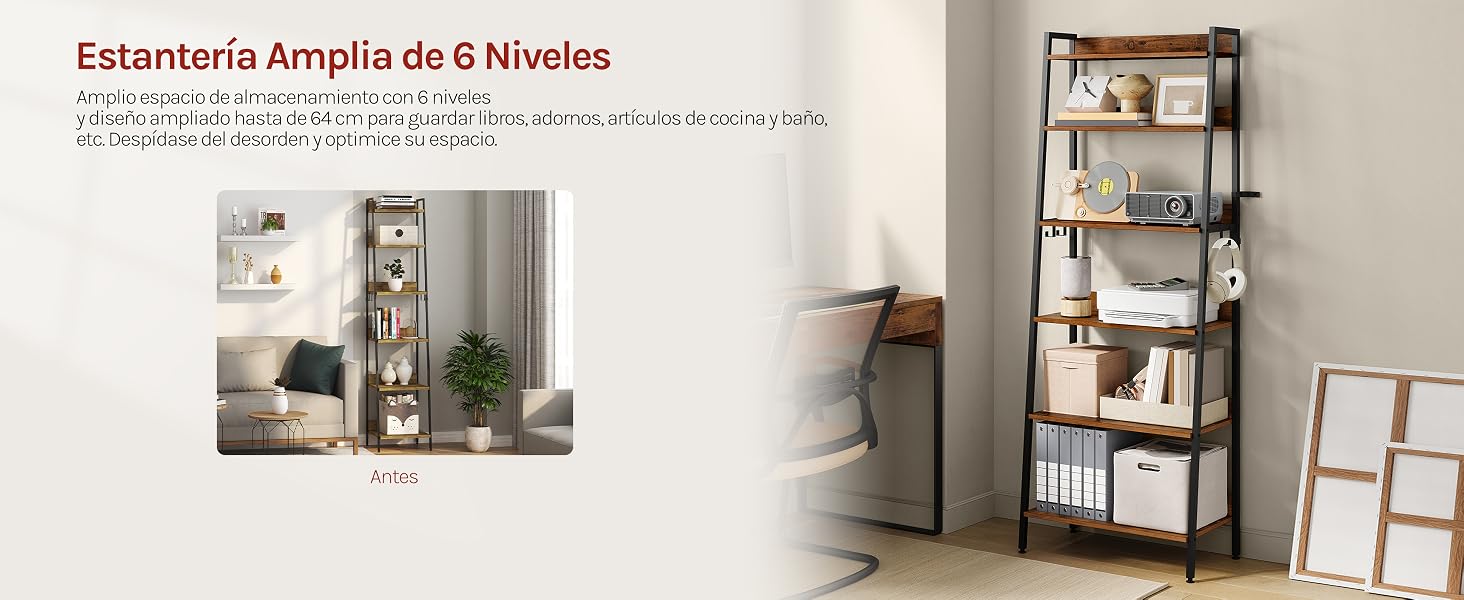 El texto dice «Estantería Amplía os 8 Niveles». Muestra una estantería tipo escalera de estilo industrial con varios niveles en un ambiente de habitación.