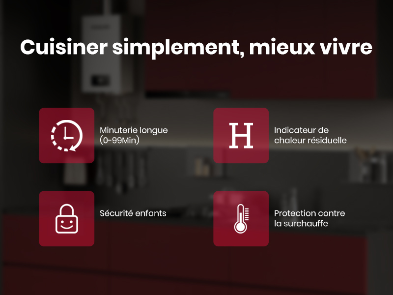 Le texte se lit comme suit : « Cuisiner simplement, mieux vivre ». Interface présentant les fonctions de cuisson avec des icônes pour la synchronisation, le contrôle de la température, les indicateurs de chaleur et les paramètres de protection.