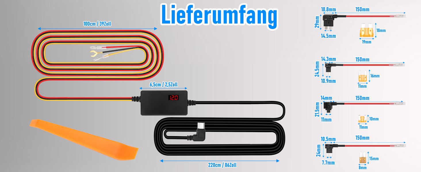 Set mit elektrischen Komponenten, bestehend aus orangefarbenen und schwarzen Kabeln, Steckern und einem Hebelwerkzeug. Das Diagramm zeigt verschiedene Kabellängen und Steckertypen mit Abmessungen in Millimetern
