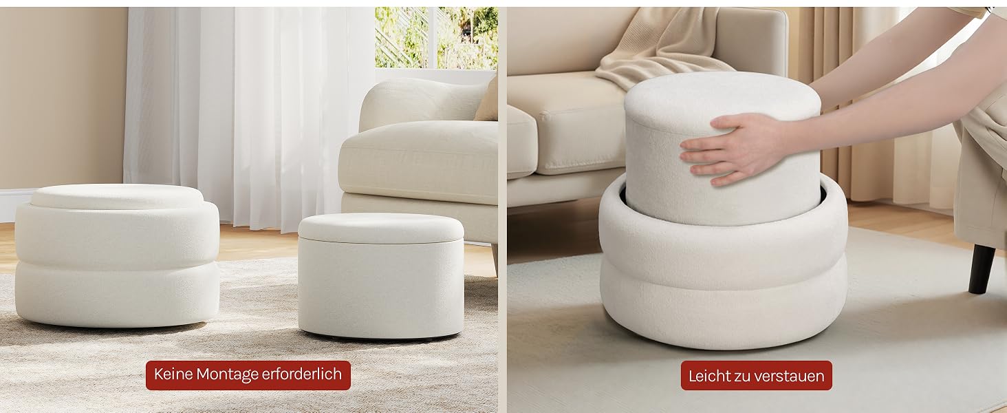 Weiße zylinderförmige Aufbewahrungshocker/Hocker, dargestellt in Wohnzimmereinrichtung und Nahaufnahme. Das linke Bild zeigt mehrere runde Hocker in der Nähe von Möbeln. Das rechte Bild zeigt eine von Hand drückbare osmanische Kissenoberseite, wobei der rote Bannertext teilweise sichtbar ist.