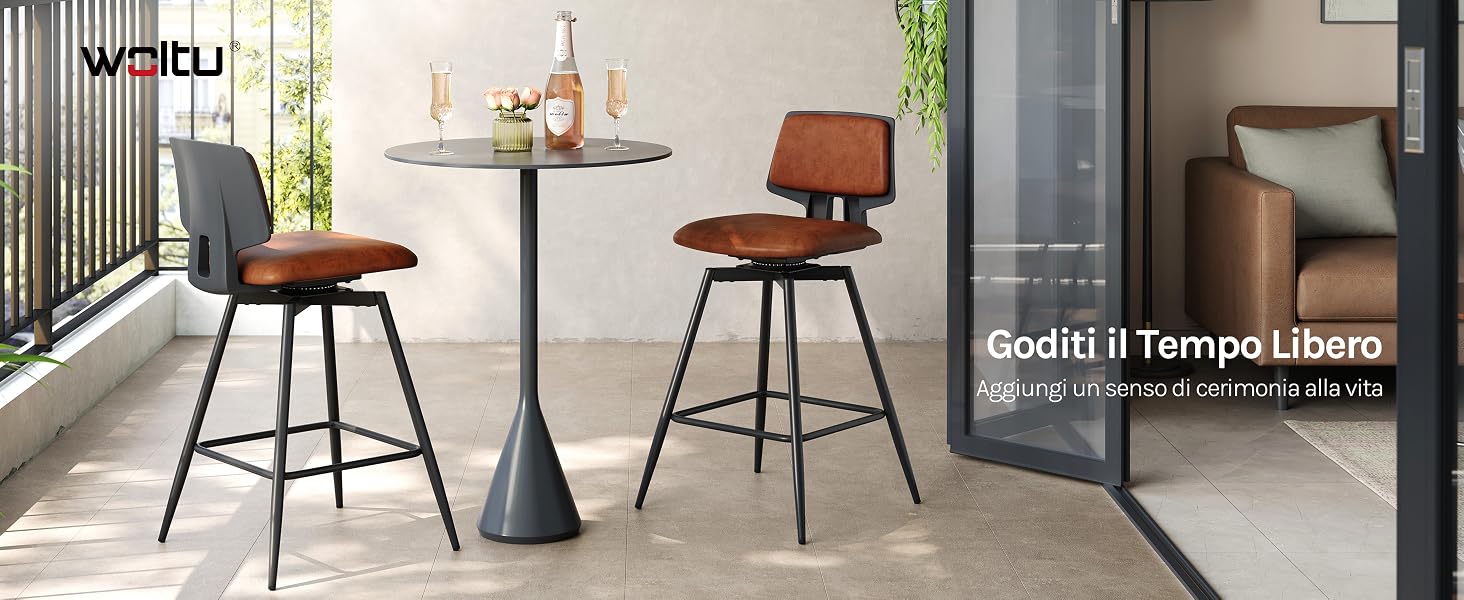 Il testo recita 'Scegli il tempoLibero'. Spazio interno moderno con sgabelli e sedie da bar contemporanei in stile industriale.