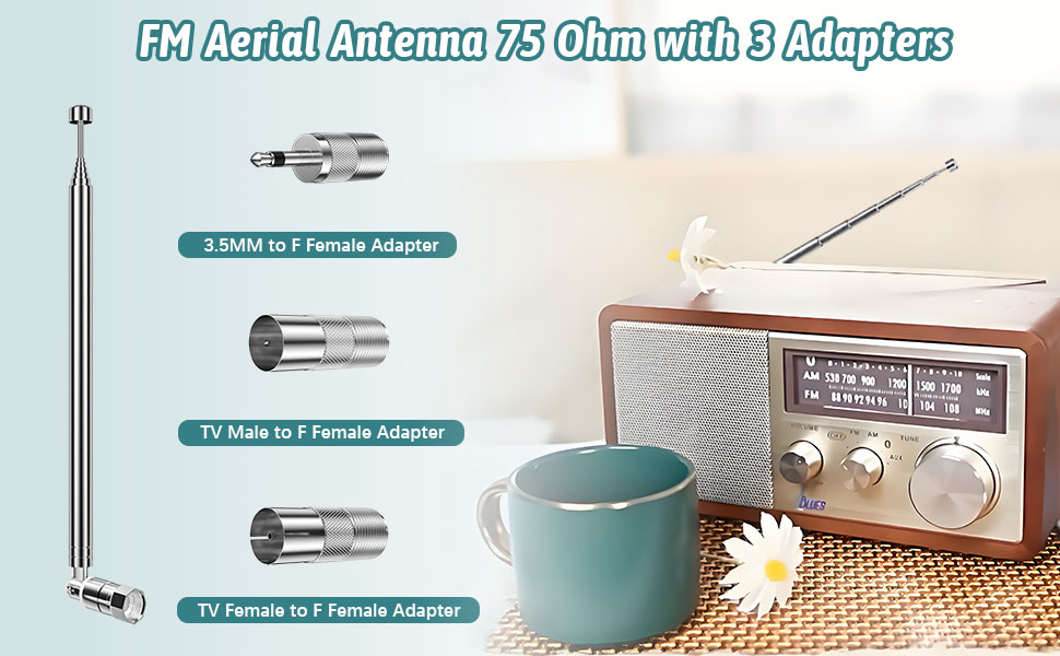 FM aerial antenna with 75 Ohm impedance and three adapters: 3.5MM to F Female, TV Male to F Female, and TV Female to F Female. Shown with vintage-style radio and teal mug.