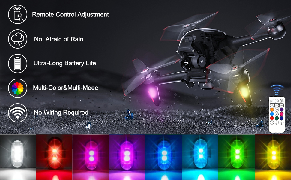 Interface de jeu ou d'aquarium montrant la silhouette d'un hélicoptère avec plusieurs options de lumière colorée allant du rouge au vert.