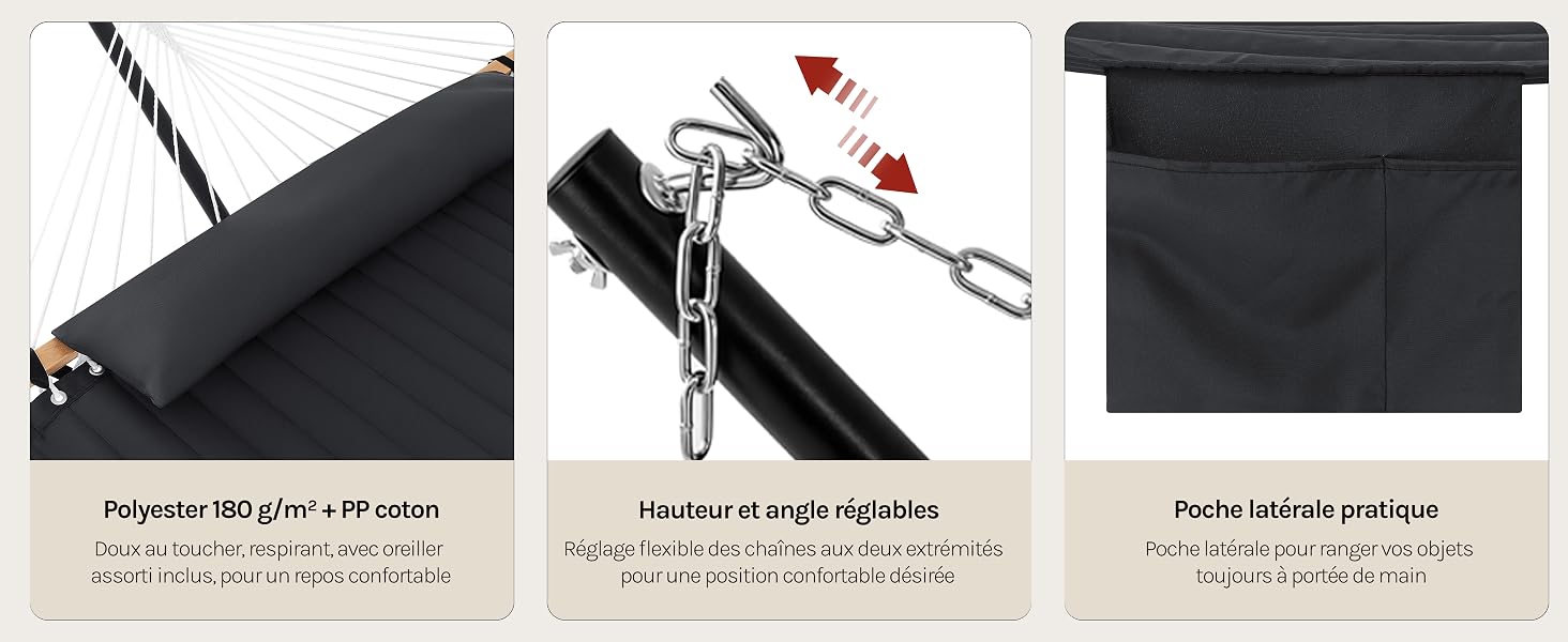 Trois images de produits montrant des accessoires noirs avec des descriptions textuelles en français. Les articles semblent être des articles en tissu ou en cuir avec des spécifications détaillées.
