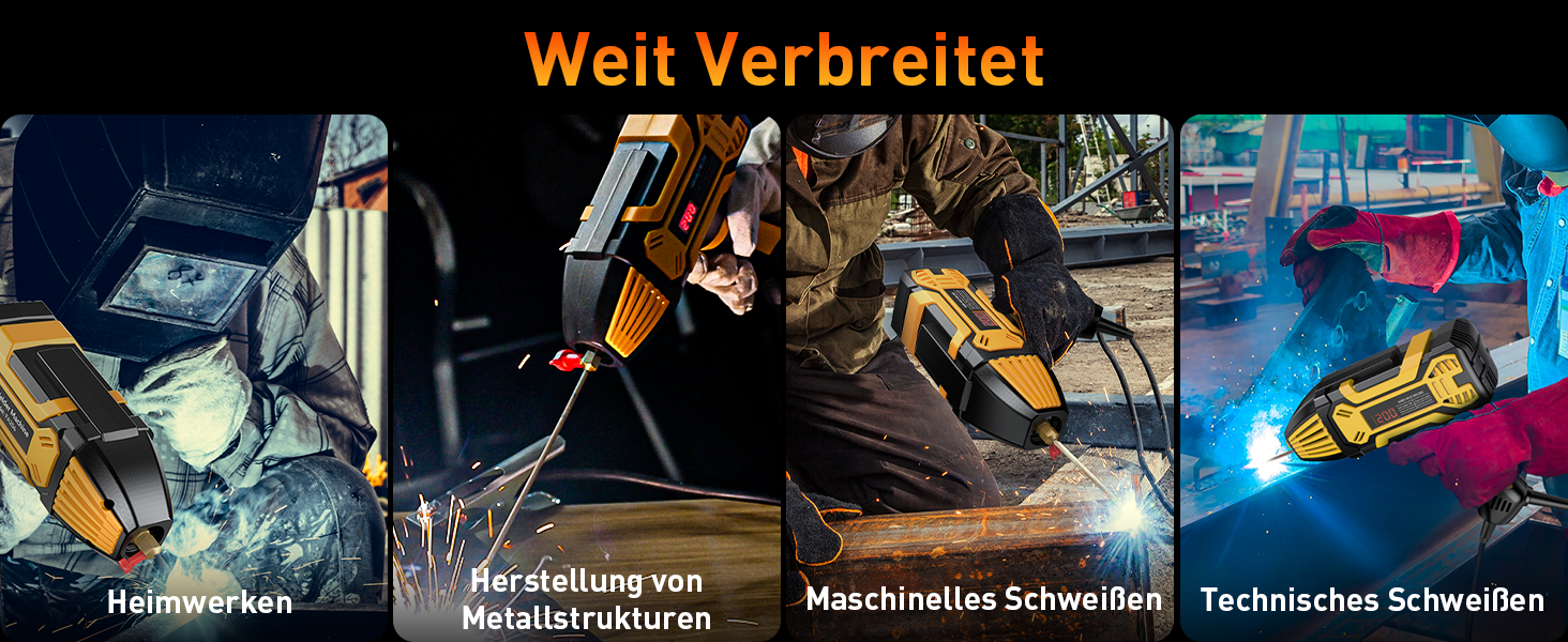 Zusammengesetzt aus vier Schweißszenen: Schweißer mit Helm, Herstellung von Metallkonstruktionen, Roboterschweißarm und technisches Schweißen mit blauen Funken. Der Text über den Bildern lautet „Weit verbreitet“.