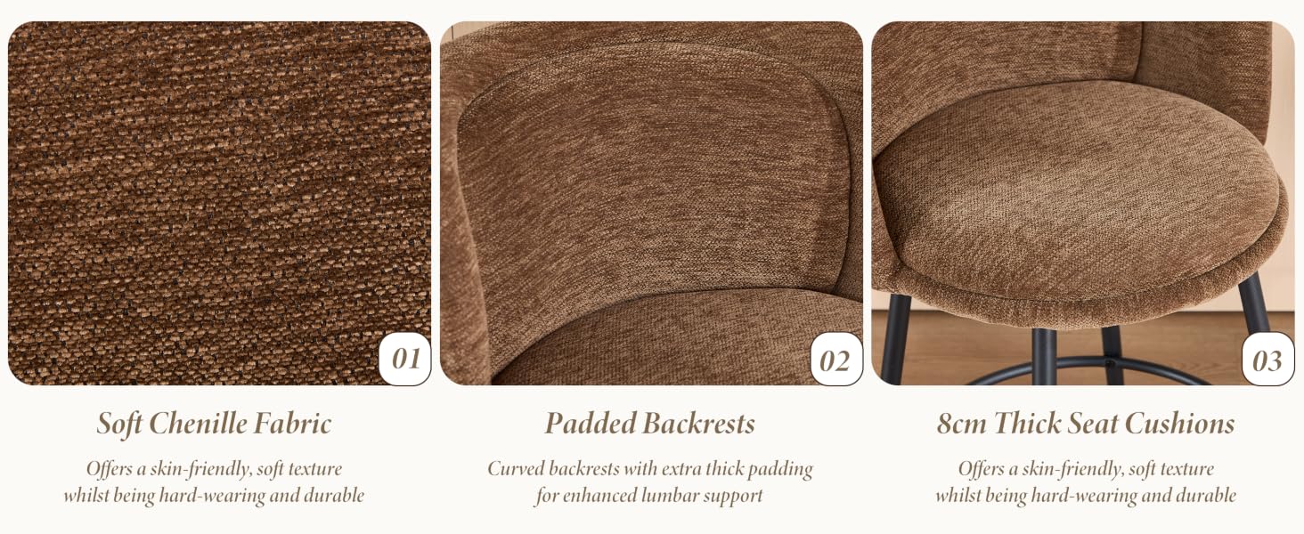 Three fabric texture samples labeled: 'Soft Chenille fabric', 'Padded thickness', and 'Best Block Soft Cushion', showing different brown textured upholstery materials.