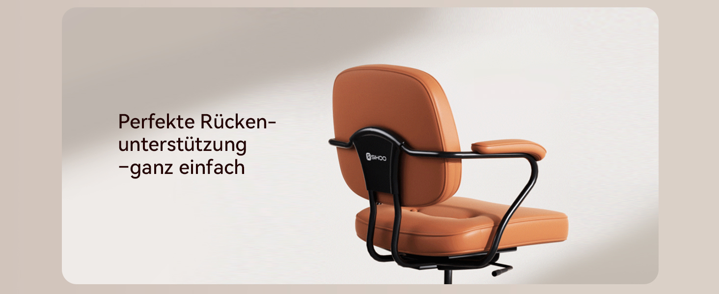 Der Text lautet „Ergonomische Unterstützung“. Büroumgebung mit ergonomischen Möbeln und Sitzordnungen.