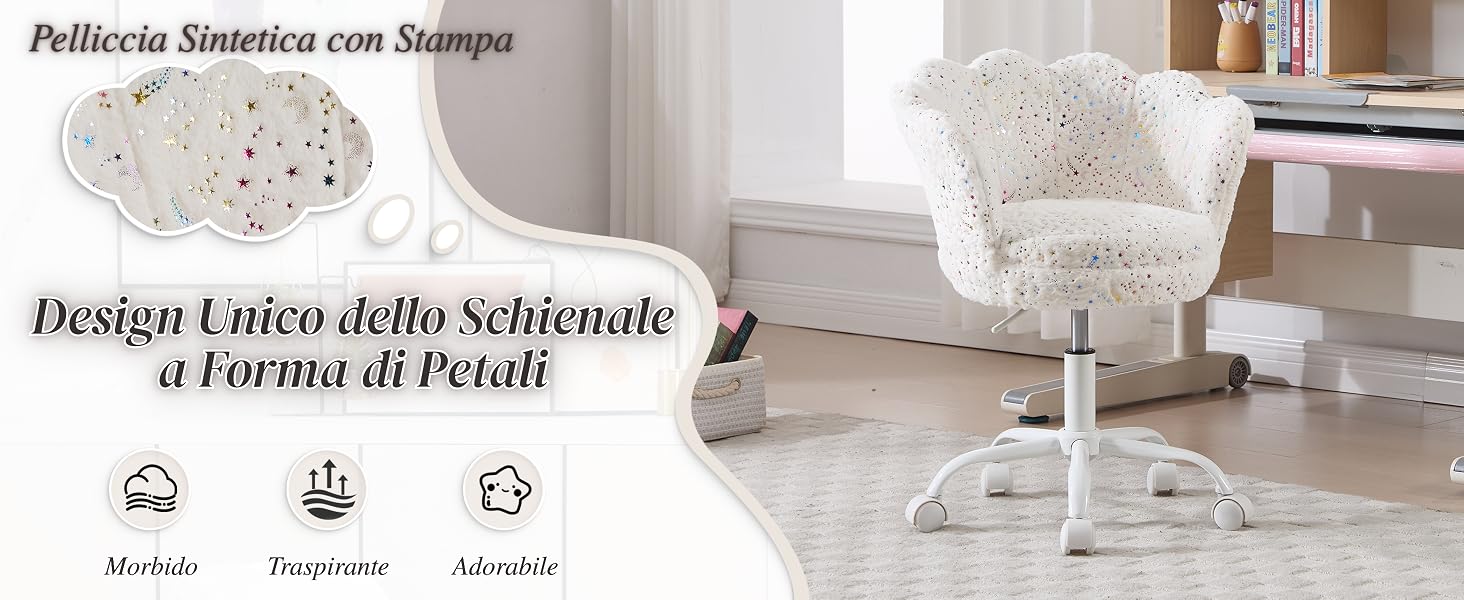 Il testo recita «Pelliccia Sintetica con Shilton», «Design Unico della Schieniata a Forma di Petali» e «Modello». L'immagine mostra una poltrona in pelliccia sintetica bianca con schienale a forma di petalo in un ambiente interno contemporaneo.
