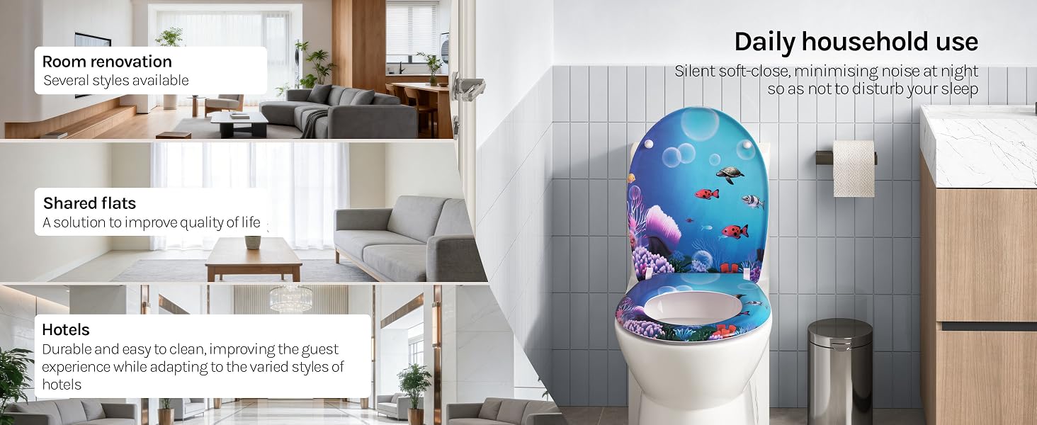 Text reads 'Daily household use'. Interior product marketing image showing bathroom setting with decorative toilet lid cover featuring underwater scene.