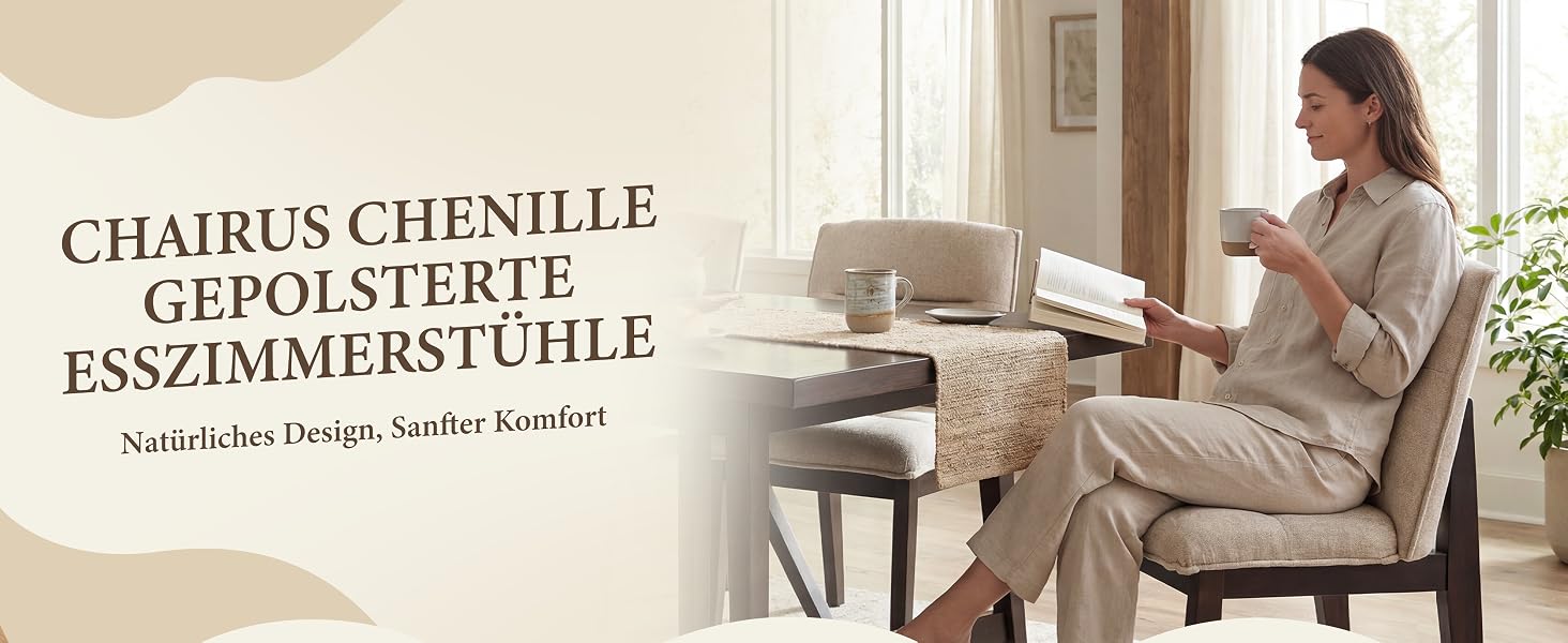 Der Text lautet „CHAIRUS CHENILLE GEPOLSTERTE ESSZIMMERSTUHLE“. Zeigt eine elegante Esszimmereinrichtung mit gepolsterten Stühlen.
