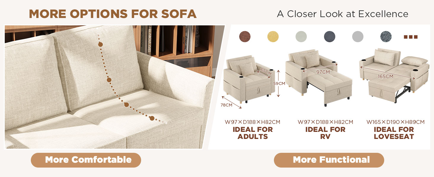 Text reads 'MORE OPTIONS FOR SOFA' and 'A Closer Look at Excellence'. Product showcase displaying various sofa configurations with navigation dots and 'More Comfortable' and 'More Functional' buttons.