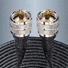 Pair of metallic coaxial cable connectors with textured grip pattern and gold-plated center pins, shown against water-dropped background.