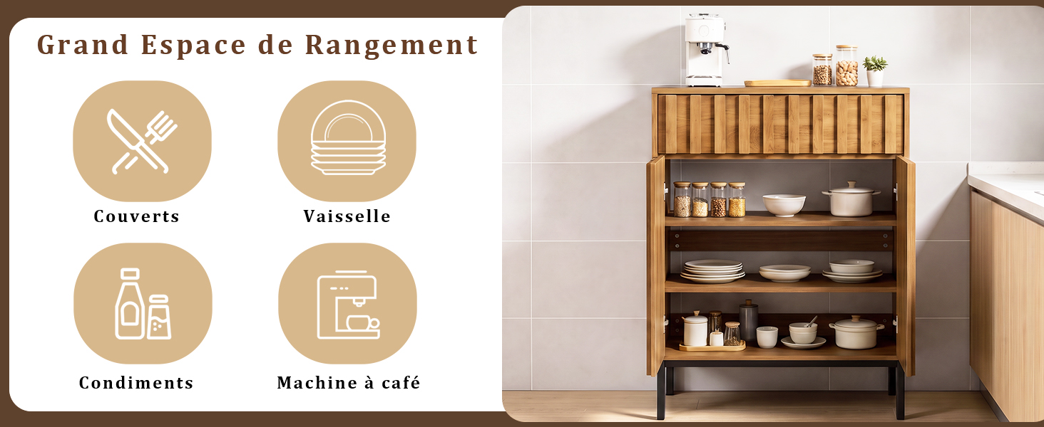 Le texte indique « Grand Espace de Rangement » avec quatre icônes étiquetées « Ensemble », « Variété », « Rangement », « Multifonc à côté ». Armoire de rangement en bois avec étagères présentant divers pots et récipients contre un mur neutre.