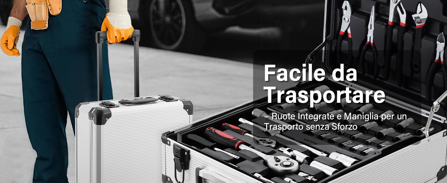 Il testo dice 'Facile da Trasportare'. Persona che maneggia quelle che sembrano attrezzature o strumenti portatili su uno sfondo scuro.