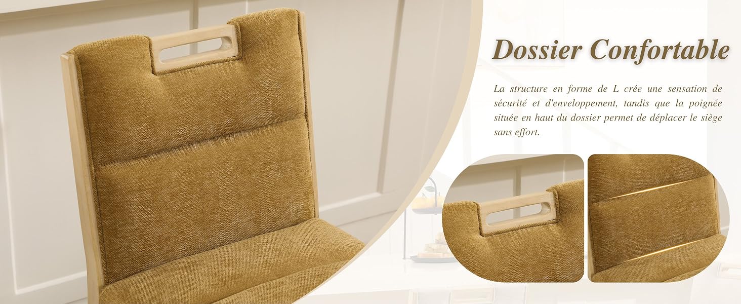 Le texte indique « Dossier confortable ». Plusieurs vues de coussins ou de supports en velours côtelé brun clair ou brun, similaires à la Figure 5.