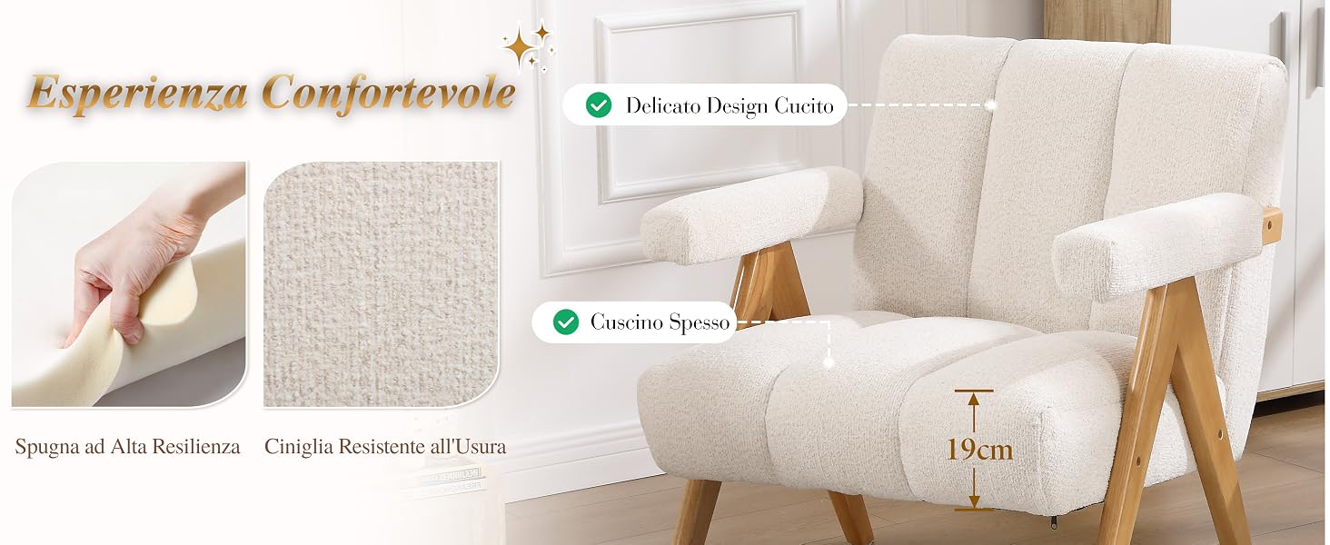 Il testo dice «Experience Comfortable». Immagini dimostrative del prodotto che mostrano campioni di tessuto o materiale con punti di misurazione e caratteristiche di comfort evidenziati.