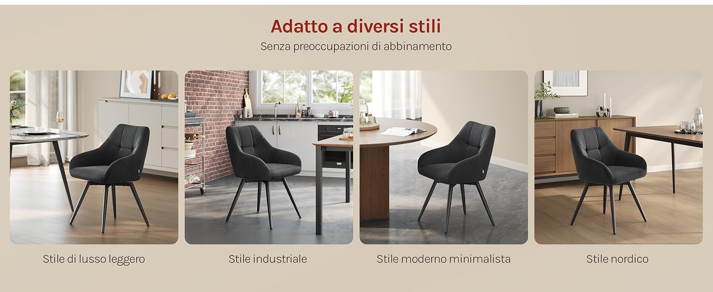 Il testo recita «Adota a correta stil» che mostra quattro sedie moderne nere con schienali curvi fotografate in diversi ambienti interni contro pareti neutre.