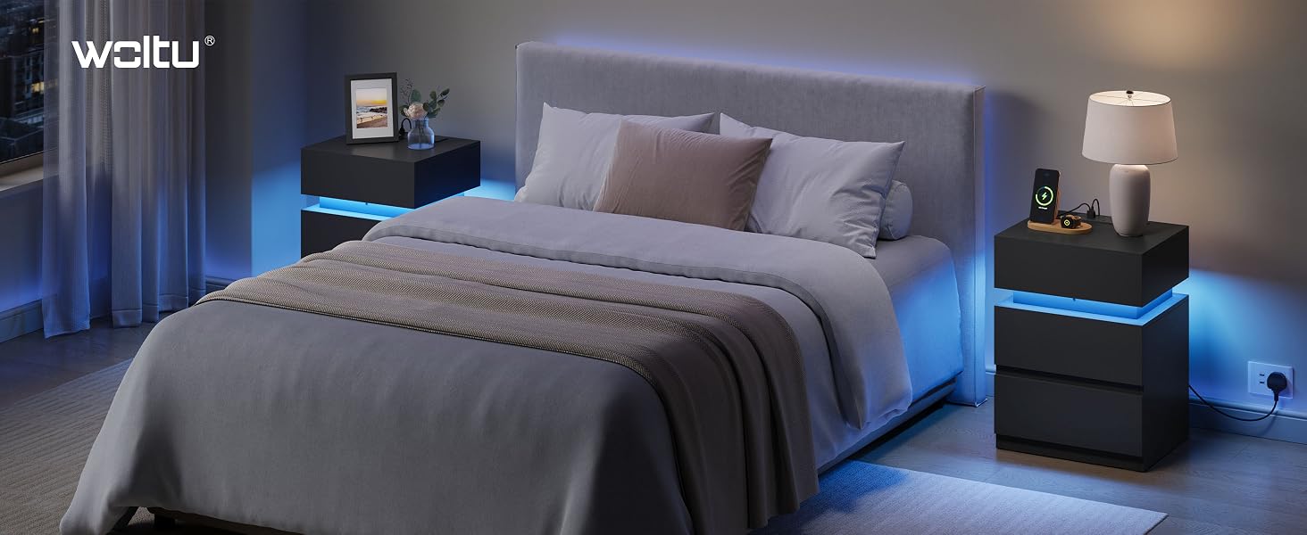 Text reads 'waliu'. Modern bedroom scene with blue ambient lighting under furniture, featuring grey bedding and minimalist design elements.