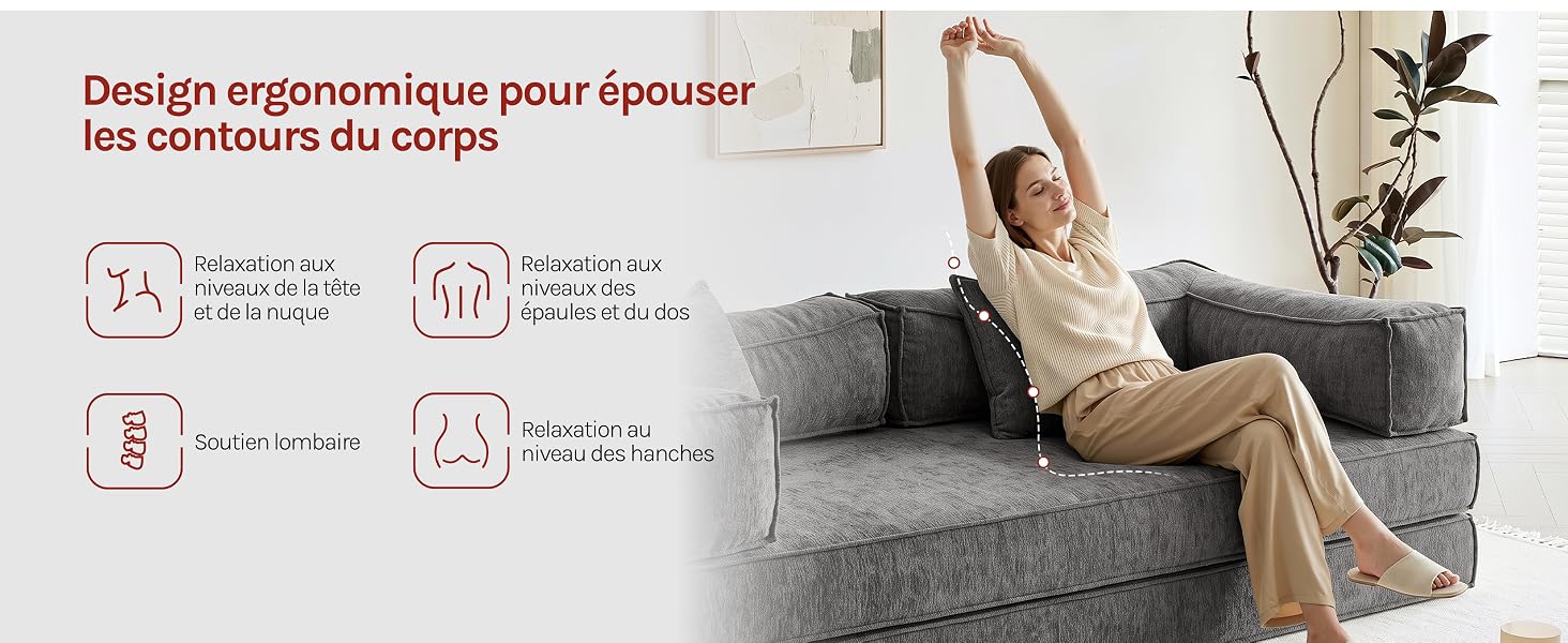 Le texte se lit comme suit : « Design ergonomique pour épousor les contours du corps ». Femme sur un canapé montrant le positionnement ergonomique de l'oreiller avec des icônes de points d'appui numérotées et des descriptions des caractéristiques en français.