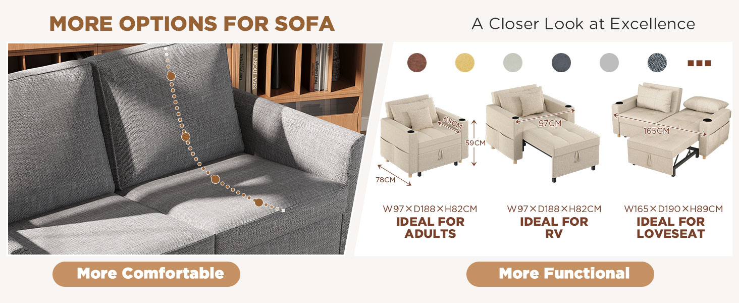 Text reads 'MORE OPTIONS FOR SOFA'. Furniture diagram showing multiple sofa configurations and arrangements with beige color scheme.