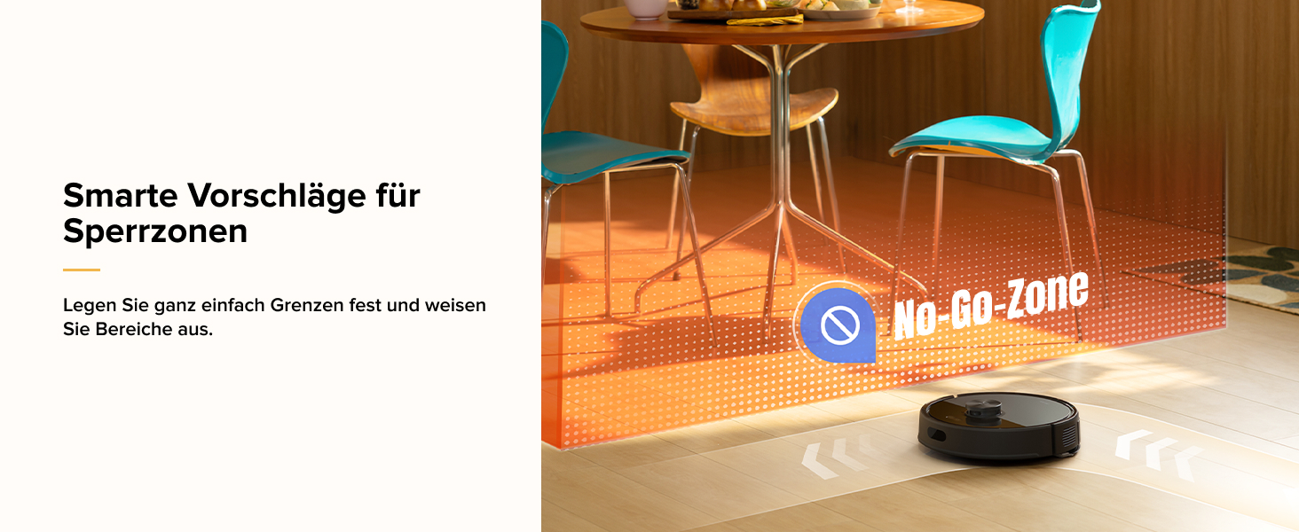 Roboterstaubsauger auf Hartholzboden in der Nähe der Essgruppe. Orange leuchtende Linien weisen auf eine virtuelle Barriere hin. In der Texteinblendung wird die Funktion „No-Go Zone“ erwähnt
