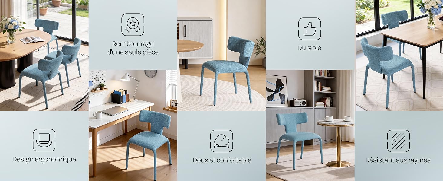 Grille à six panneaux montrant une chaise de bureau moderne dans différentes vues avec des icônes superposées indiquant les caractéristiques. Chaise bleue présentée sous différents angles et réglages.