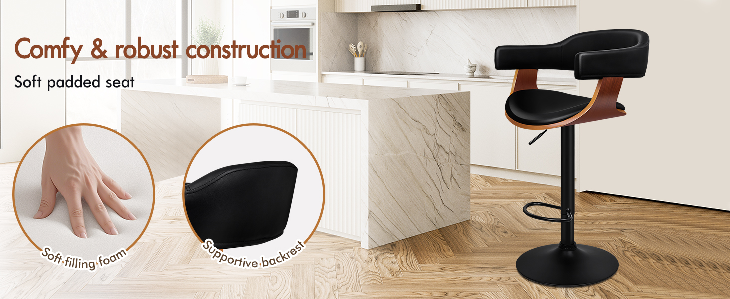 Text reads 'Comfy &amp; robust construction'. Multiple images showing adjustable furniture or seating product with circular diagrams indicating features and mechanisms.