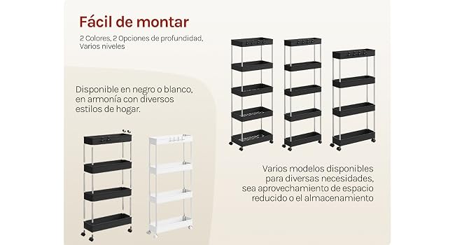 El texto dice «Fácil de montar». Diagramas de instrucciones de montaje que muestran la estantería modular en configuraciones en blanco y negro con múltiples opciones de disposición.