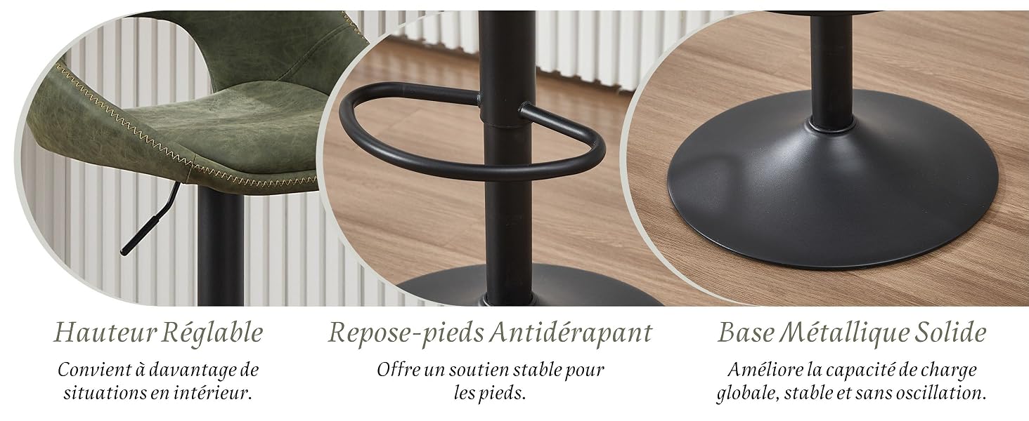Trois tabourets de bar en métal avec des inscriptions en dessous : « Base plus lourde uniquement », « Pédale inférieure (pas en hauteur) » et « Tabouret de bar/bistro brut no ». Assise en métal noir de style industriel.