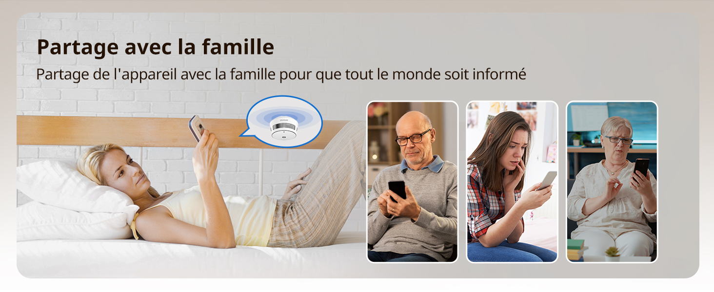 Composite de quatre images montrant des personnes utilisant des smartphones dans différents environnements : au lit, à la maison et à l'extérieur. Une icône bleue en forme de bulle est visible au-dessus des images.