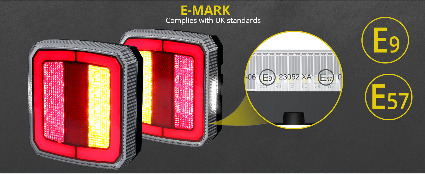 Text reads 'MARK E5 E57'. Red LED tail lights with distinctive rectangular design shown from front and rear angles with circular detail inset.