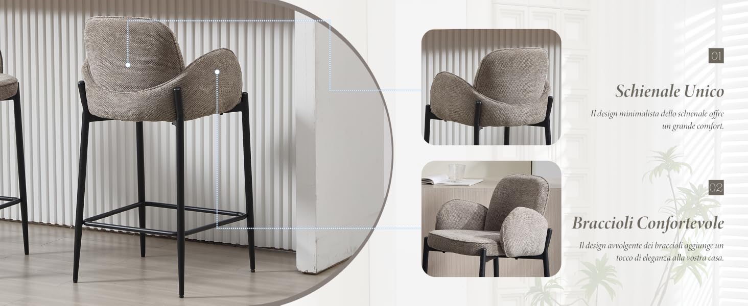 Immagine a due pannelli che mostra moderni sgabelli da bar imbottiti grigi con telai metallici in diverse viste su sfondo bianco.