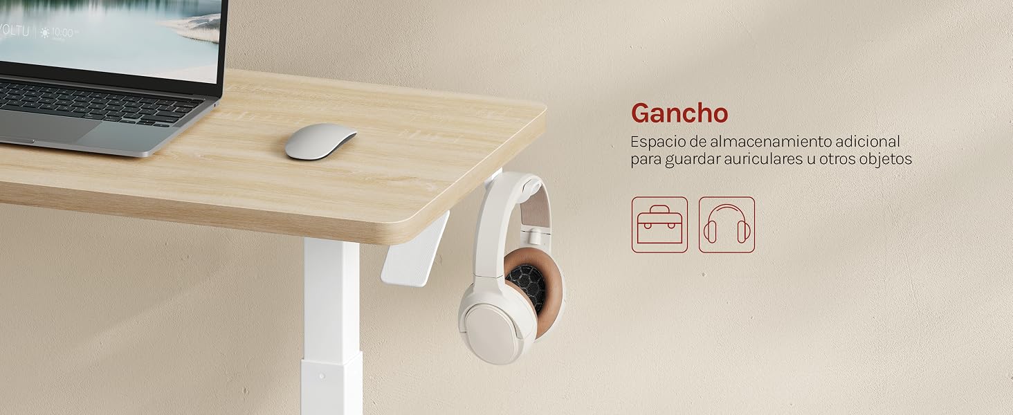 El texto dice «Gancho» con detalles adicionales del producto. El espacio de trabajo de escritorio muestra un soporte de montaje blanco con una abertura circular montado en una pared de color beige cerca de la esquina del portátil.