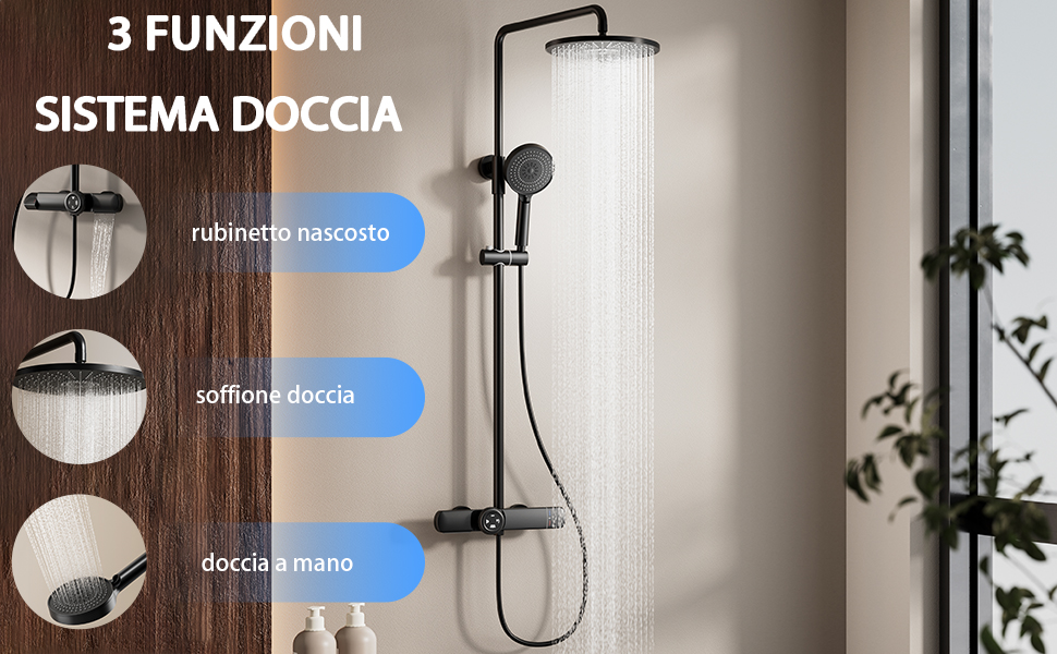 Il testo recita «3 FUNZIONI SISTEMA DOCCIA». Moderno sistema doccia da bagno con specchi rotondi ed eleganti infissi neri montati su una parete beige.