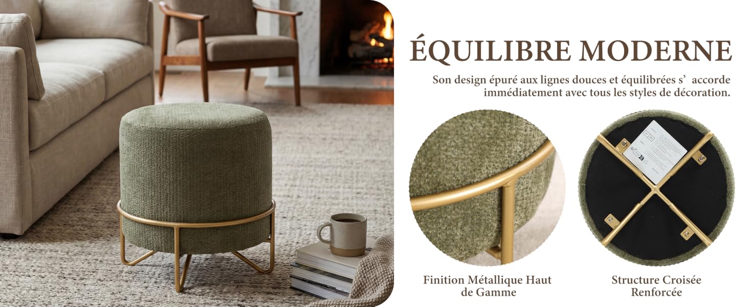 Le texte se lit comme suit : « ÉQUILIBRE MODERNE ». Présentation du produit d'un fauteuil d'appoint vert olive avec garniture dorée et pieds en bois, présenté sous plusieurs angles avec des spécifications de conception.