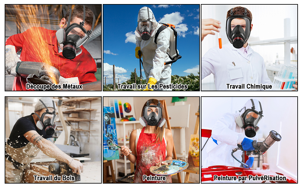 Image à six panneaux montrant différentes applications de l'équipement de protection et de l'équipement de sécurité dans divers environnements de travail, y compris les interventions d'urgence et les environnements industriels.