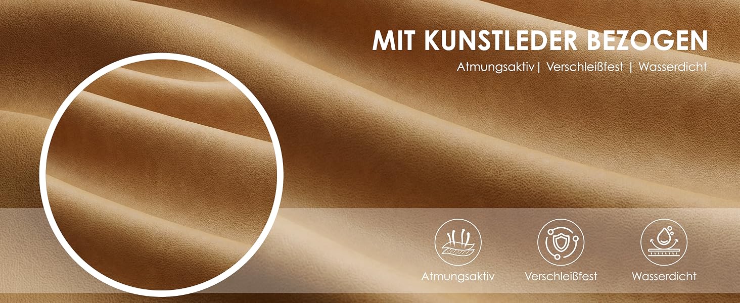 Der Text lautet „MIT KUNSTSTOFFEN BEZOGEN“. Nahaufnahme eines gewebten Textilmaterials in neutralem Beigeton mit einem kreisförmigen, vergrößerten Ausschnitt, der das Gewebemuster zeigt.