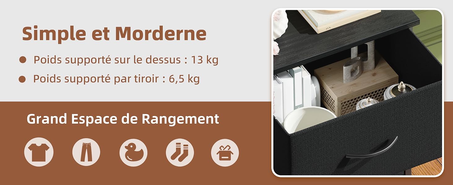 Le texte se lit comme suit : « Simple et Moderne », « Poids supporté sur le dessus : 1,5 kg », « Poids supporté par tiroir : 6,5 kg », « Grand Espace de Rangement ». Montre un système de rangement à tiroirs avec une surface texturée noire.