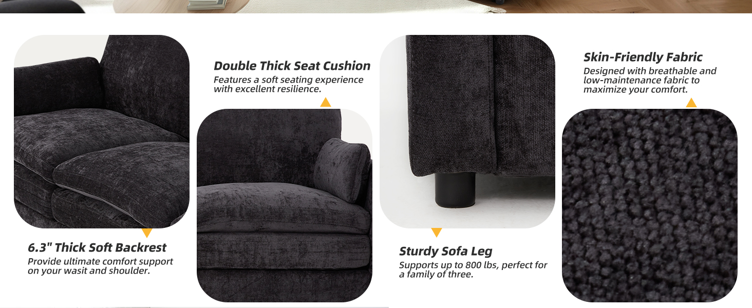 Text reads 'Double Thick Seat Cushion' and 'Skin-Friendly Fabric'. Black modular sectional sofa shown from multiple angles displaying cushions and fabric texture.