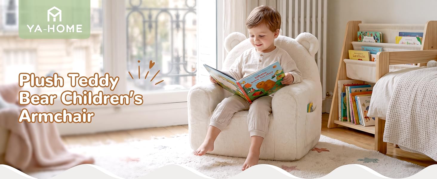 Text reads 'Plush Teddy Bear Children's Armchair'. Image shows child reading in beige/cream colored plush teddy bear-shaped armchair in nursery room setting.