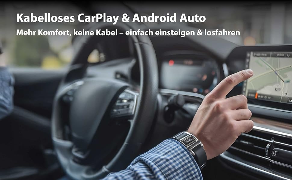 Der Text lautet „Kabelloses CarPlay & Android Auto“. Armaturen brettansicht, die den enraum eines Autos mit Händen am Lenkrad und Smartphone-Integrationsschnitttelle zeigt.