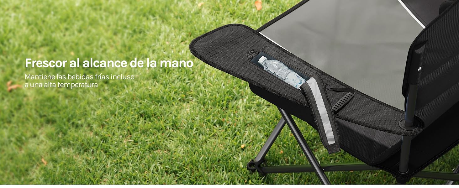 El texto dice «Presor al alcance de la mano». Configuración exterior que muestra un dispositivo ajustable de color oscuro o un soporte de equipo sobre un fondo de césped.