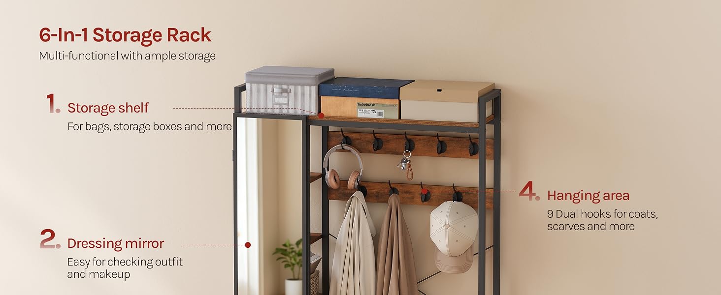 Text reads '6-in-1 Storage Rack'. Wooden shelving unit with multiple compartments, hanging rods, and storage spaces for various items displayed.