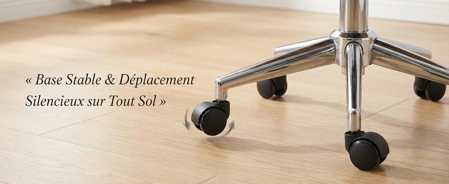 Le texte indique « Silencieux sur Tout Sol » (Quiet on All Floors). Plusieurs vues de roulettes ou de fauteuils de bureau posés sur un plancher de bois franc, illustrant un mouvement de roulement fluide.