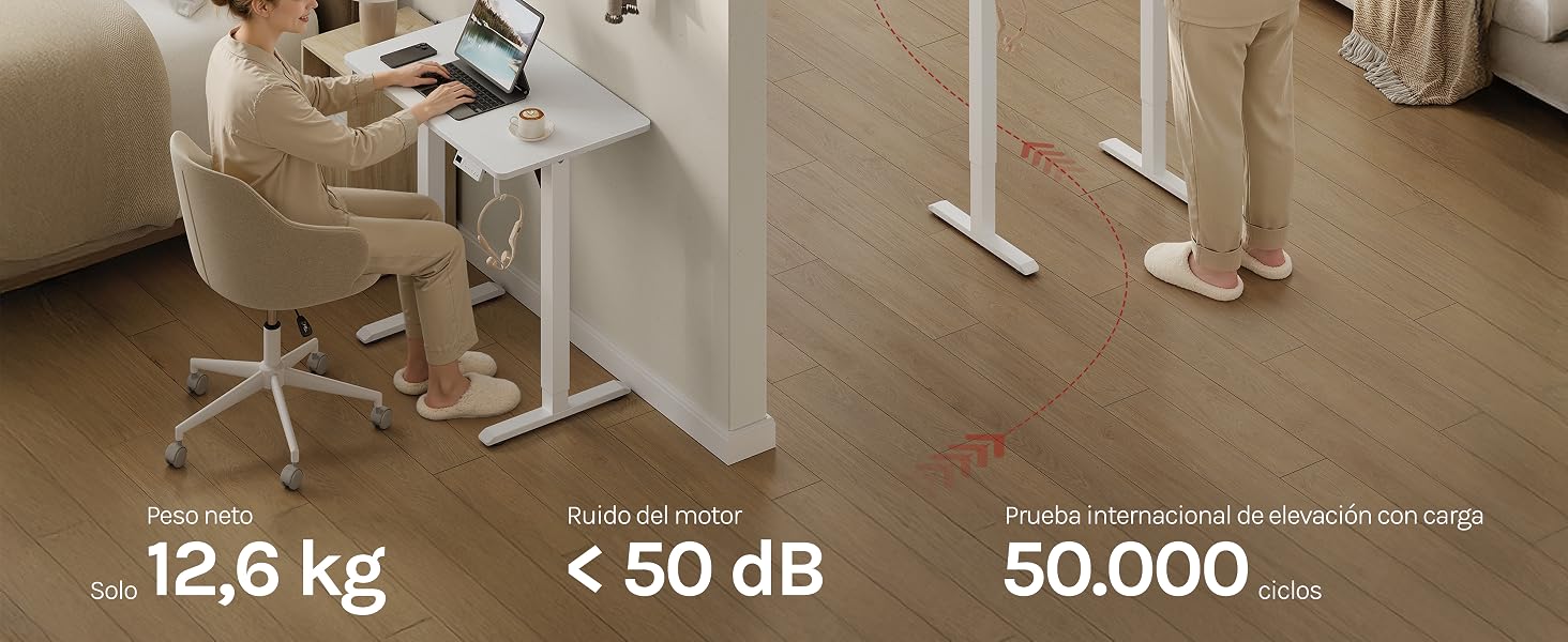 El texto dice «12,6 kg», «< 50 dB», «50.000». Serie de imágenes que muestran un escritorio blanco con altura regulable en un entorno de oficina con un diseño limpio y minimalista y características ergonómicas.