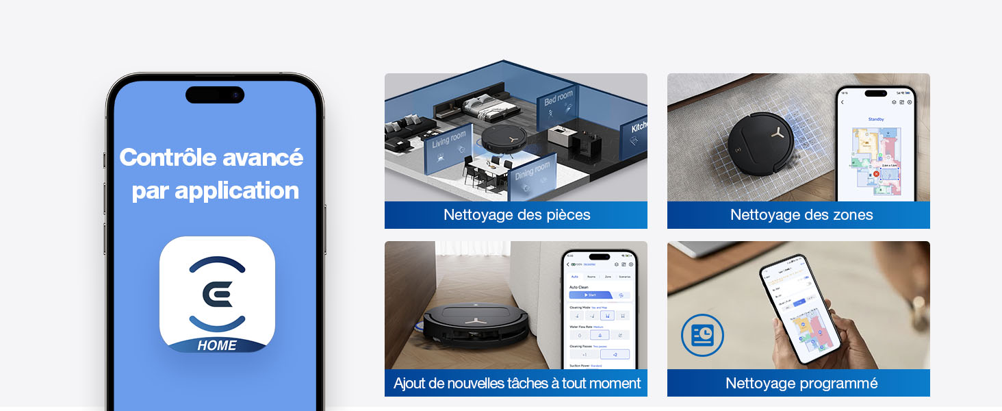 Grille d'interface des applications mobiles présentant six panneaux, y compris l'écran du smartphone, l'appareil domestique intelligent, la caméra de sécurité, les captures d'écran de l'application et les options de l'interface de contrôle.