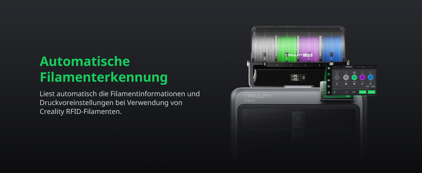 Der Text lautet „Automatische Filamentverkennung“. Die digitale Displayschnittstelle zeigt das Filamenterkennungssystem mit grünen LED-Anzeigen und Statusleisten.