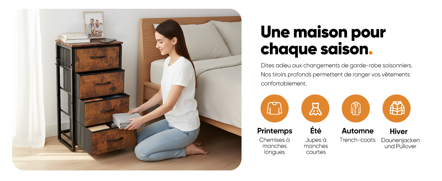 Le texte se lit comme suit : « Une maison pour chaque saison ». Meuble de rangement avec tiroirs en bois à côté d'un canapé blanc, avec des icônes de saison circulaires indiquant les plages de température affichées.